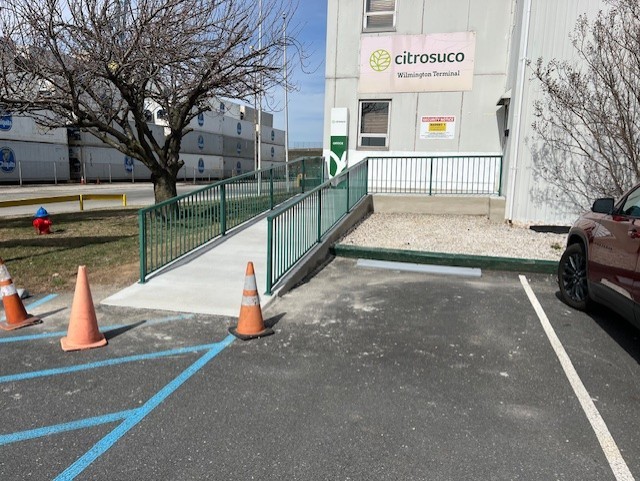 Completed commercial concrete ADA access ramp installation in Wilmington, Delaware